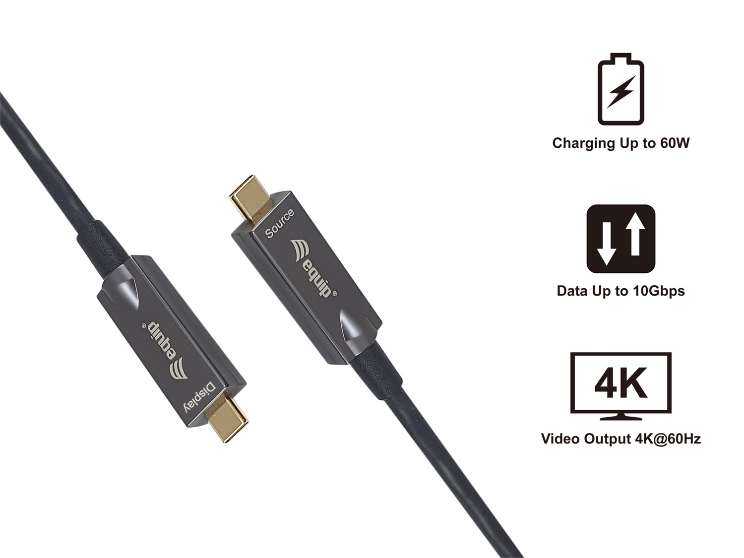 Equip 119462 - Cavo ottico attivo USB-C a USB-C, 10 m, PD 60 W, 4K/60 Hz, 10 Gbps, Video Dati, Supporto DSC, HDR e HDCP