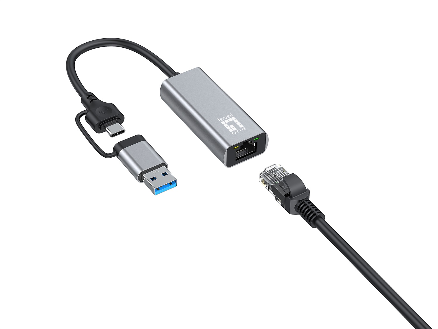 LevelOne USB-0423 - Adattatore di rete 2,5 Gigabit Ethernet 2 in 1 con USB-C e USB-A, Wake on LAN e Frame Jumbo 16K