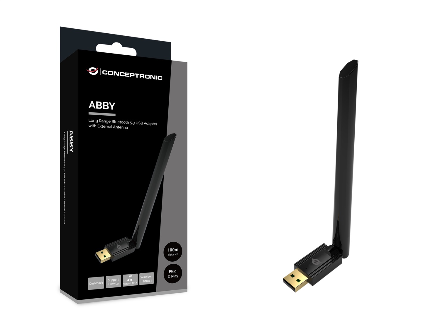 Conceptronic ABBY17B Adattatore USB Bluetooth 5.3 con Antenna Esterna - Wireless, 3 Mbit/s, Distanza fino a 100 metri