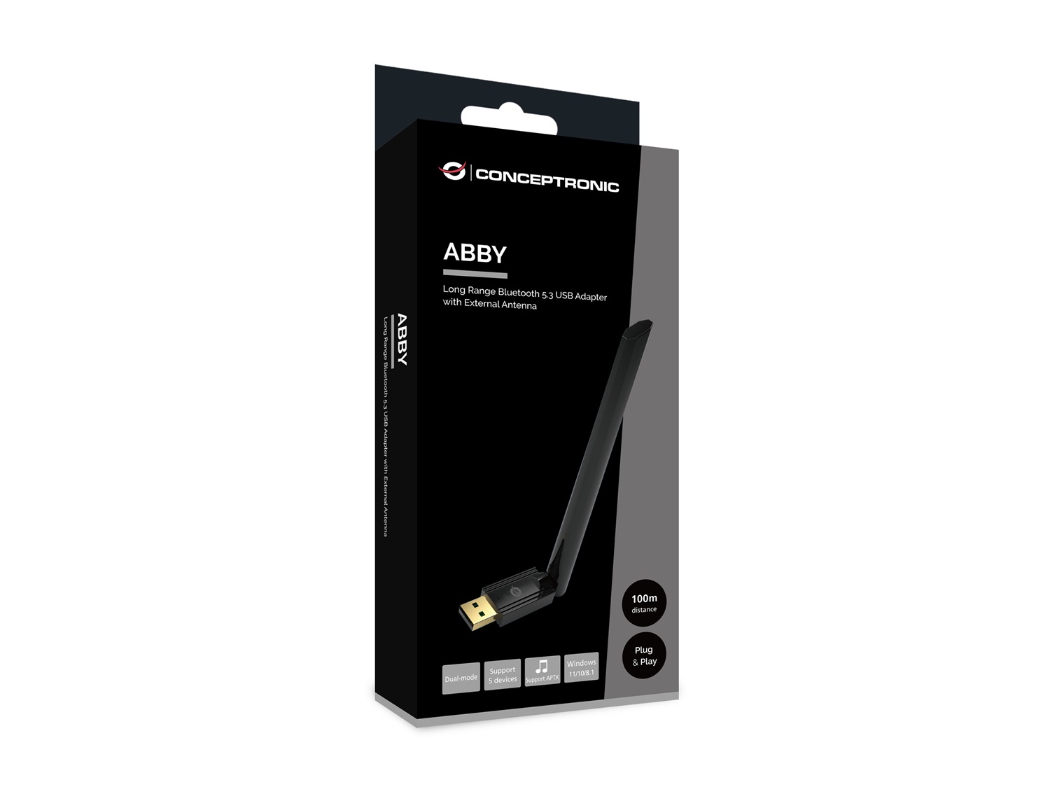 Conceptronic ABBY17B Adattatore USB Bluetooth 5.3 con Antenna Esterna - Wireless, 3 Mbit/s, Distanza fino a 100 metri