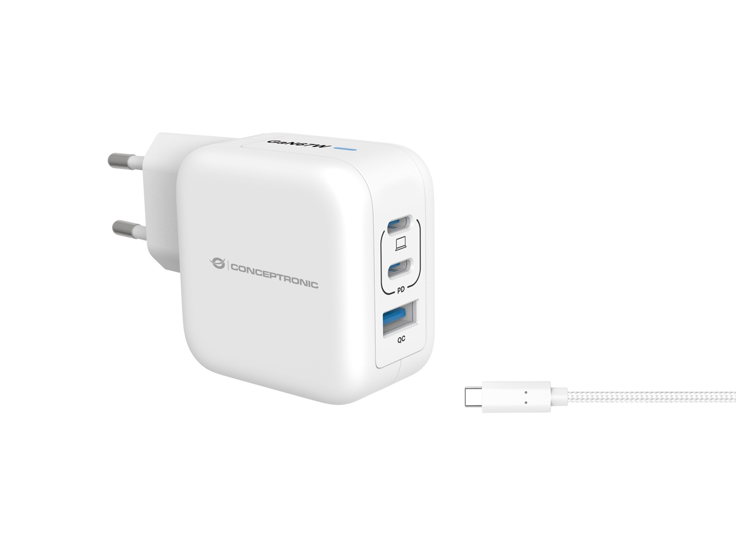 Conceptronic ALTHEA17W Caricabatterie Universale 67W con 3 Porte USB-C e USB-A, Ricarica Rapida, Bianco