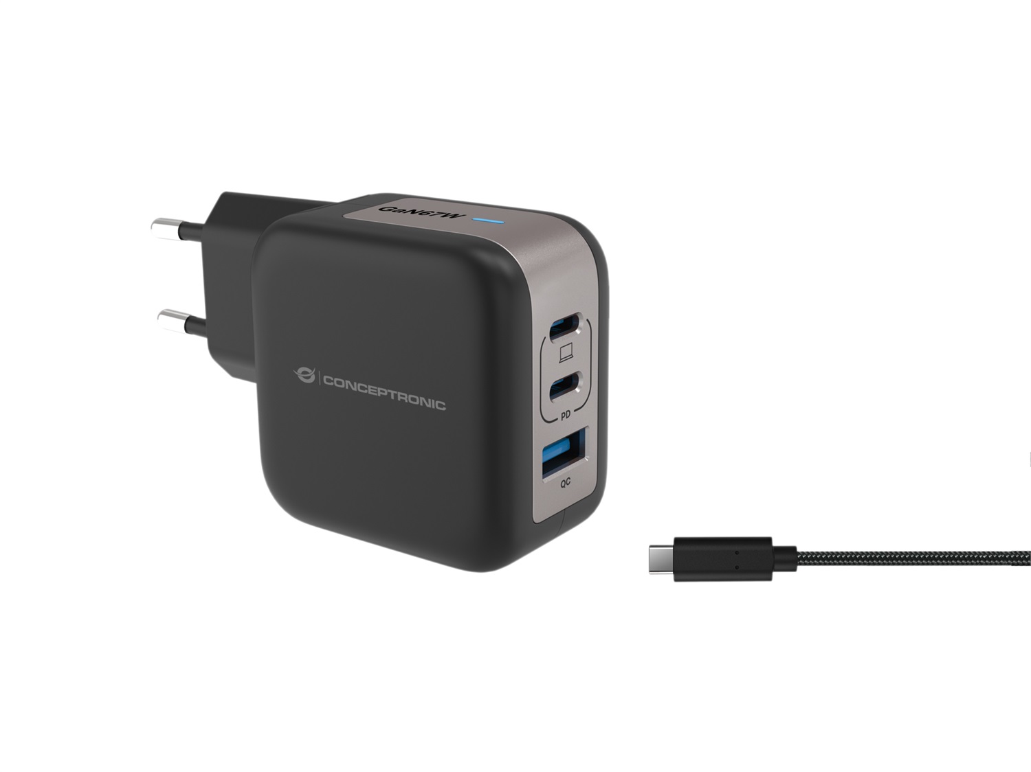 Conceptronic ALTHEA17B Caricabatterie Universale 67W con 2xUSB-C e 1xUSB-A, Ricarica Rapida, Cavo 1.5m, Nero