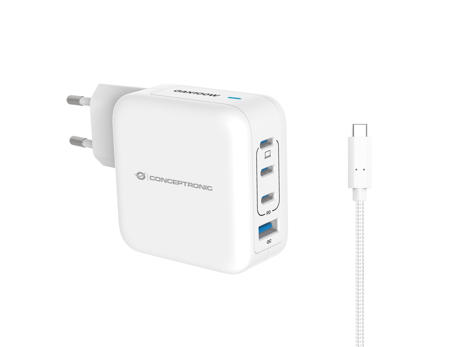 Conceptronic ALTHEA18W Caricabatterie Universale Bianco AC 100W con 3x USB-C e 1x USB-A, Ricarica Rapida, 20V, 1.5m