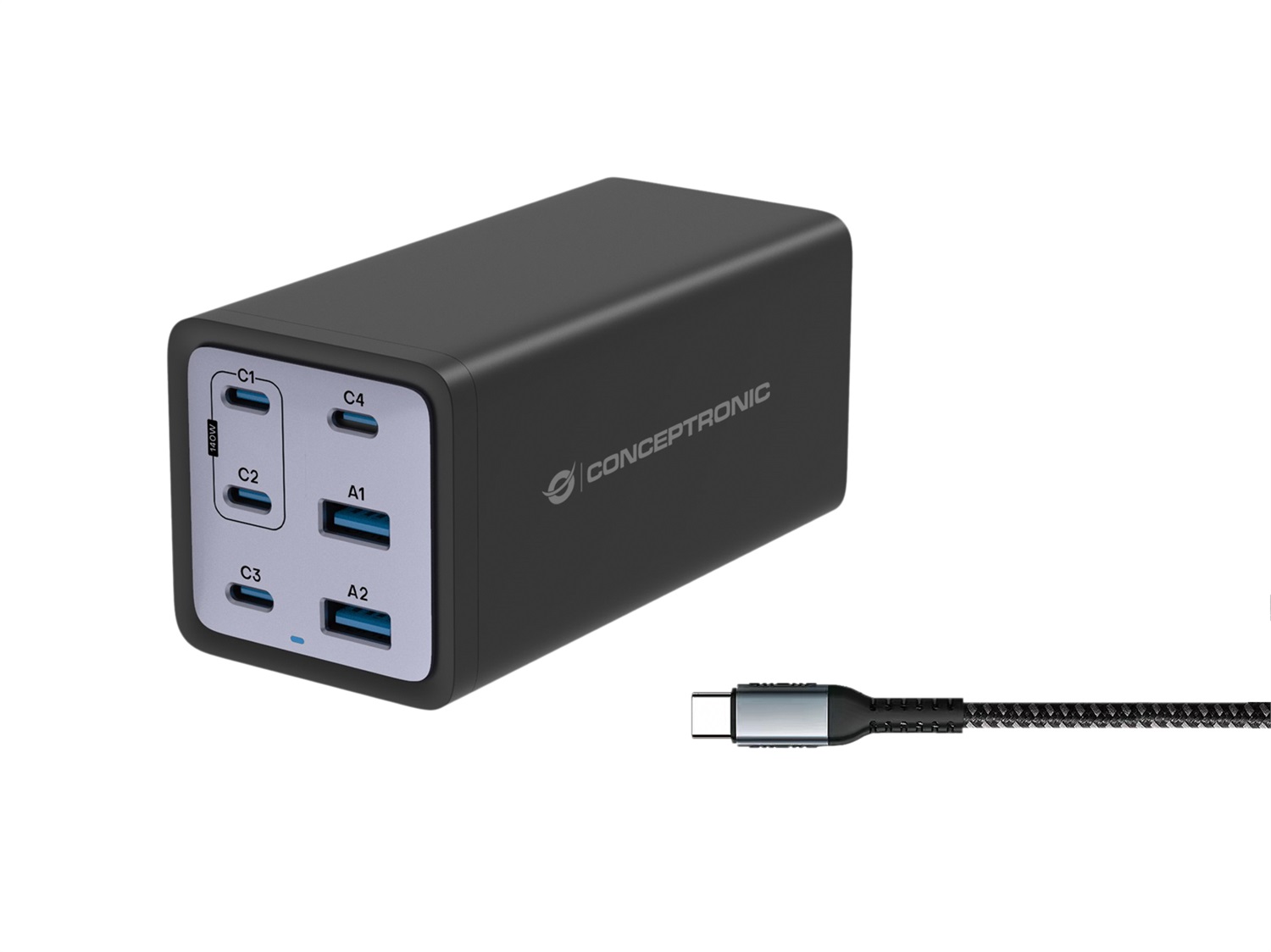 Conceptronic OZUL06BE Caricabatterie Universale 6 Porte 200W GaN Nero Ricarica Rapida