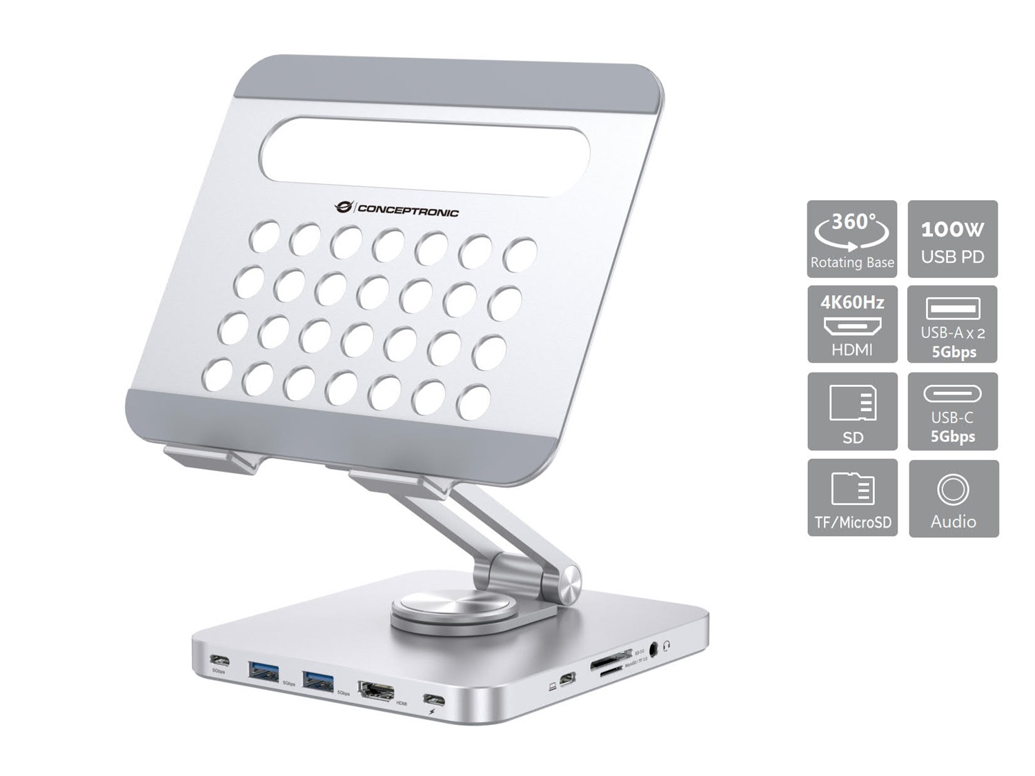 Conceptronic DONN26G Carrello e Supporto Multimediale Argento per Tablet con Docking Station 8-in-1, Base Girevole a 360°, Pieghevole e Altezza Regolabile