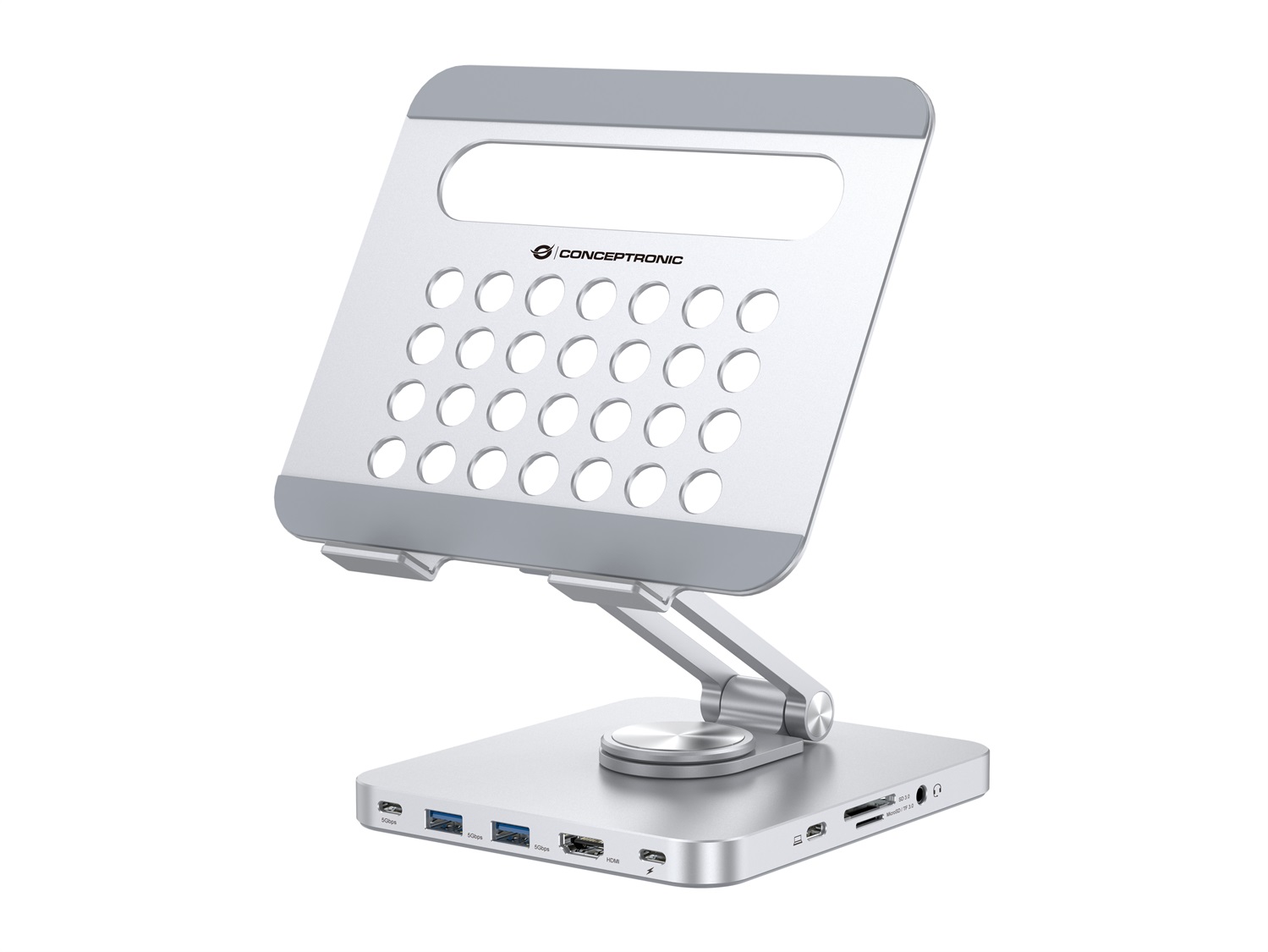 Conceptronic DONN26G Carrello e Supporto Multimediale Argento per Tablet con Docking Station 8-in-1, Base Girevole a 360°, Pieghevole e Altezza Regolabile