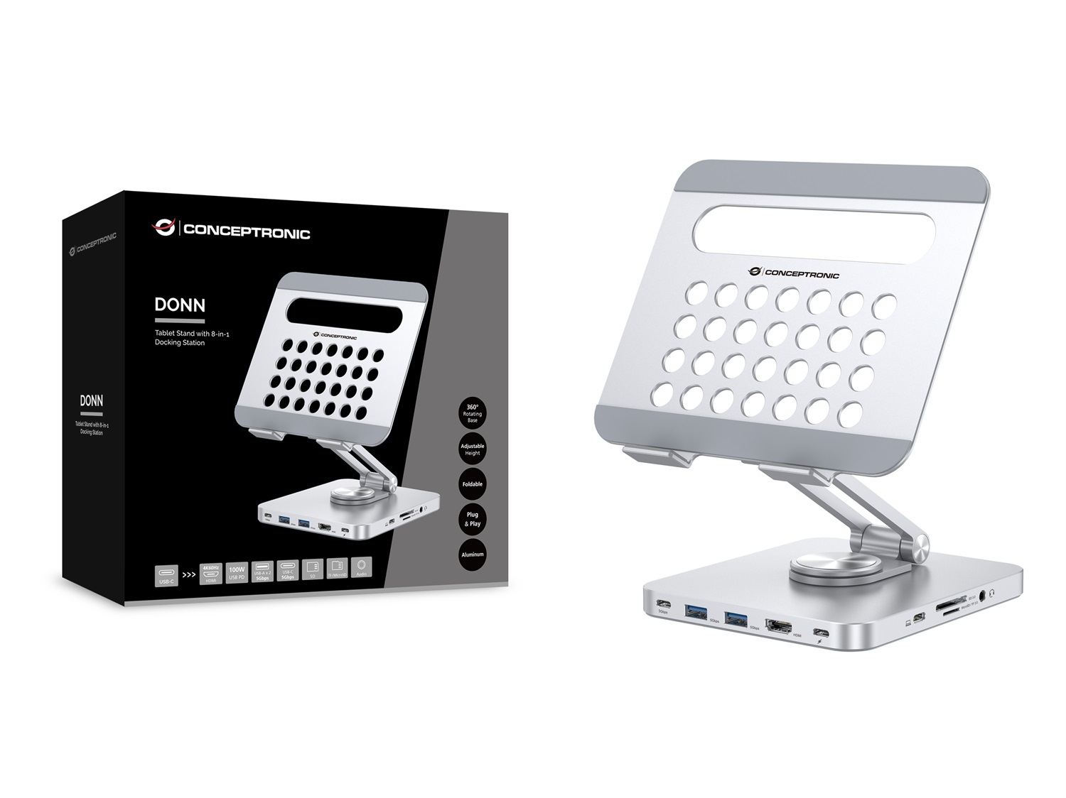 Conceptronic DONN26G Carrello e Supporto Multimediale Argento per Tablet con Docking Station 8-in-1, Base Girevole a 360°, Pieghevole e Altezza Regolabile