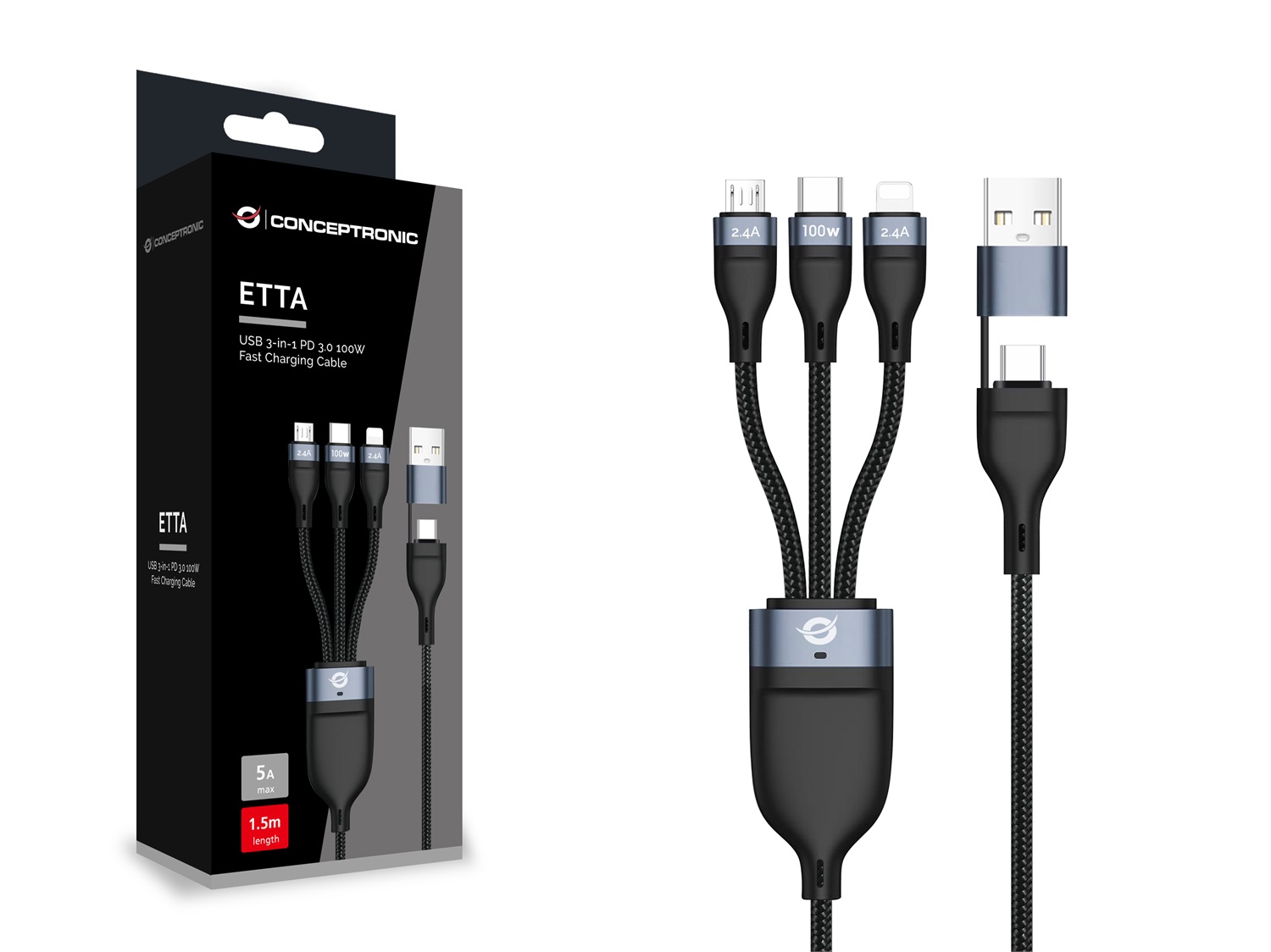 Conceptronic Cavo USB 3-in-1 1,5m con USB-C, Micro-USB B e Lightning - Ricarica rapida e sincronizzazione