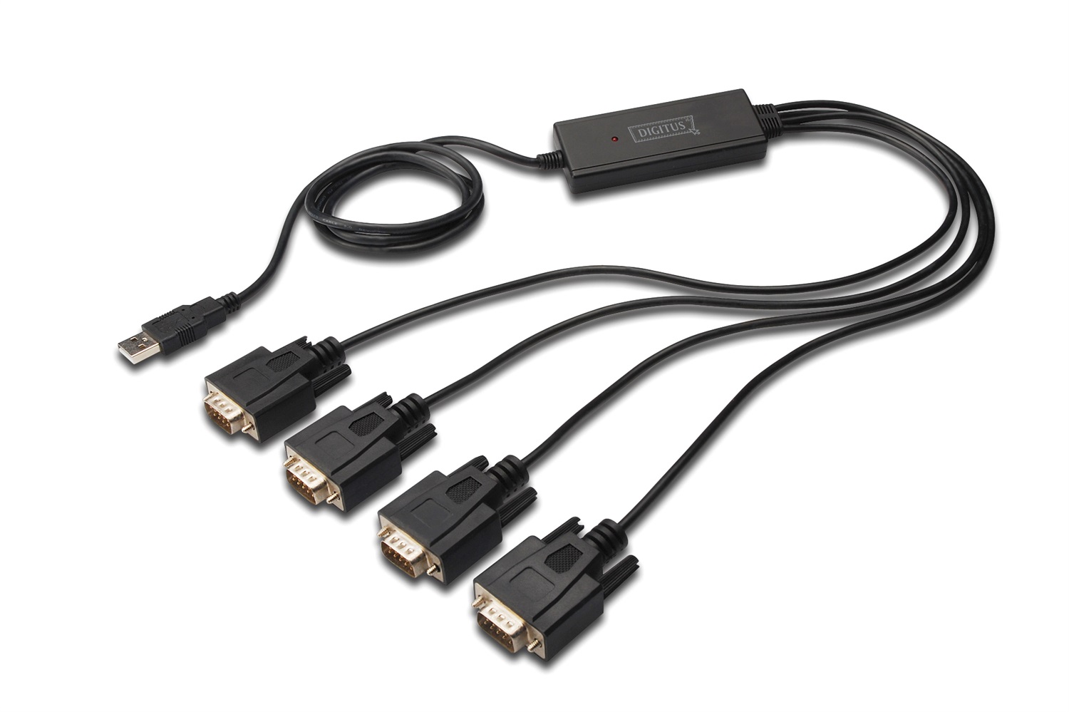 DIGITUS Adattatore Seriali da USB a 4x RS232 - Convertitore USB 2.0 Tipo A a 4x DSUB 9M con Chipset FTDI, Cavo di 1,5 m, Nero
