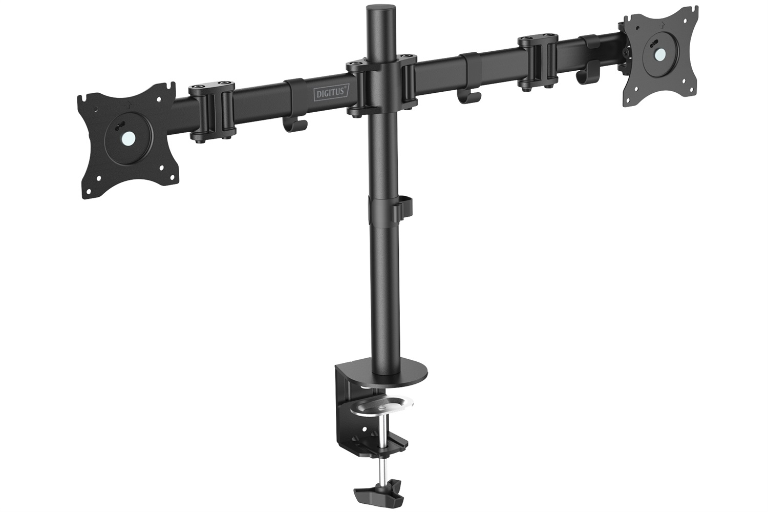 Digitus DA-90349 Supporto Universale per Due Monitor - Morsetto da Tavolo, Fino a 27 Pollici, Fino a 16 kg, VESA 75x75 e 100x100, Nero