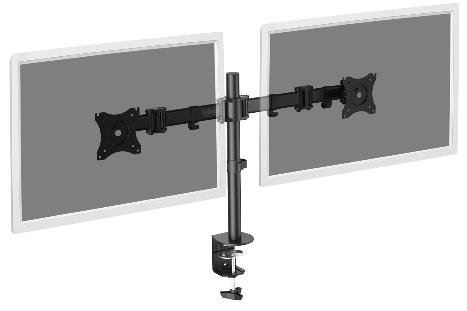 Digitus DA-90349 Supporto Universale per Due Monitor - Morsetto da Tavolo, Fino a 27 Pollici, Fino a 16 kg, VESA 75x75 e 100x100, Nero