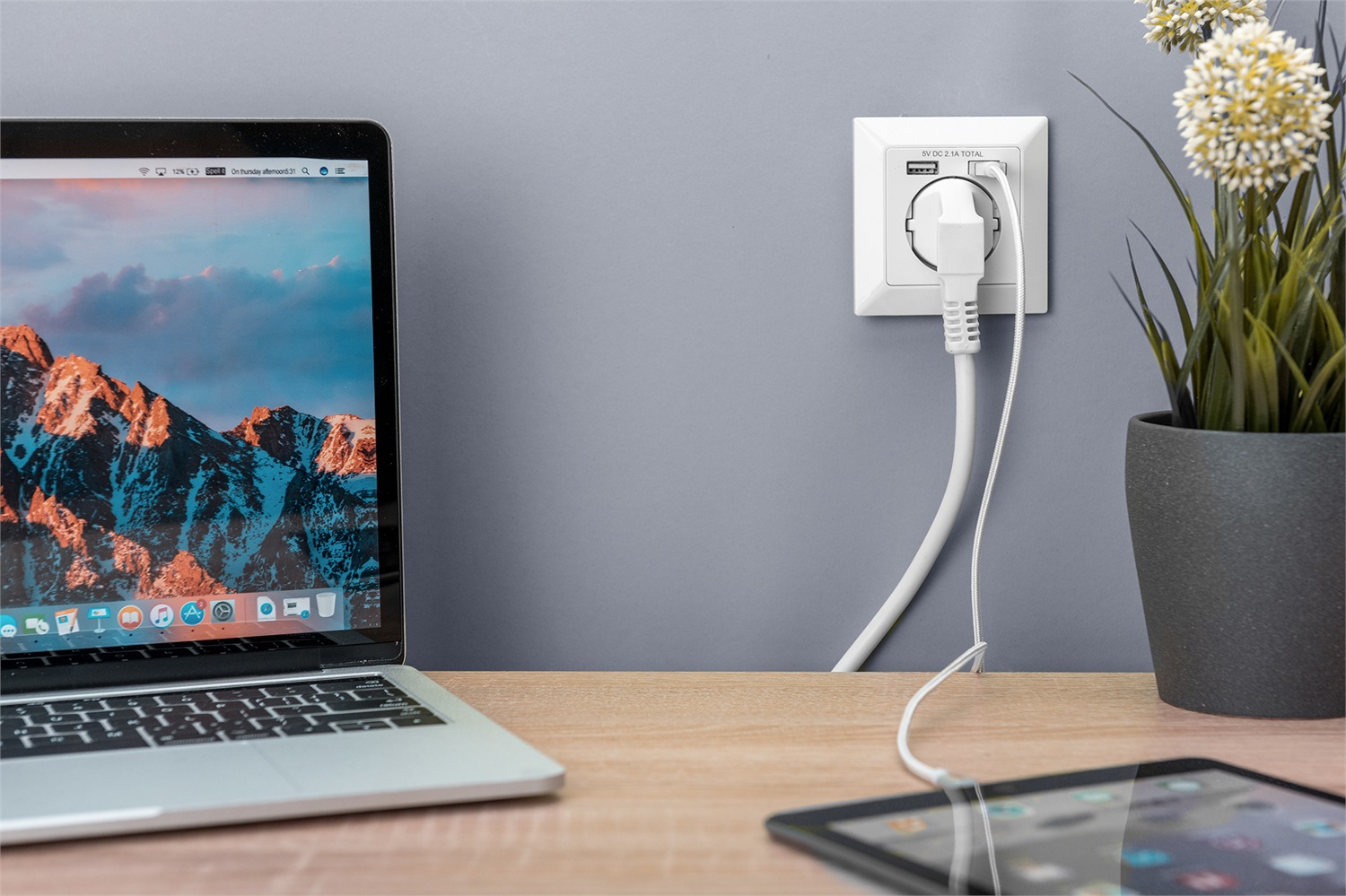 Digitus Presa a Muro Shuko con 2 Porte USB 5V 2,1A - Bianco, Protezione da Contatto