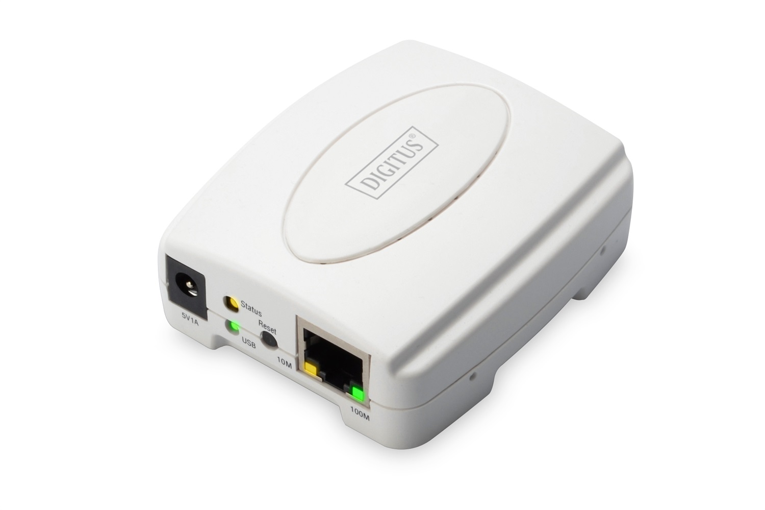 Digitus DN-13003 Server di Stampa Fast Ethernet, 1x USB 2.0, 1x RJ45, Bianco, Compatibile con DHCP e TCP/IP
