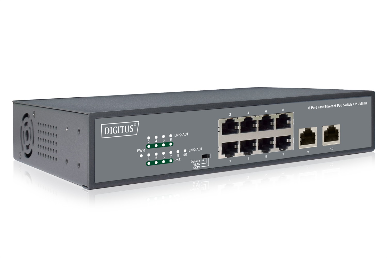 Digitus DN-95323-1 Switch di Rete Non Gestito 8 Porte Fast Ethernet PoE 120W con 2 Porte Uplink