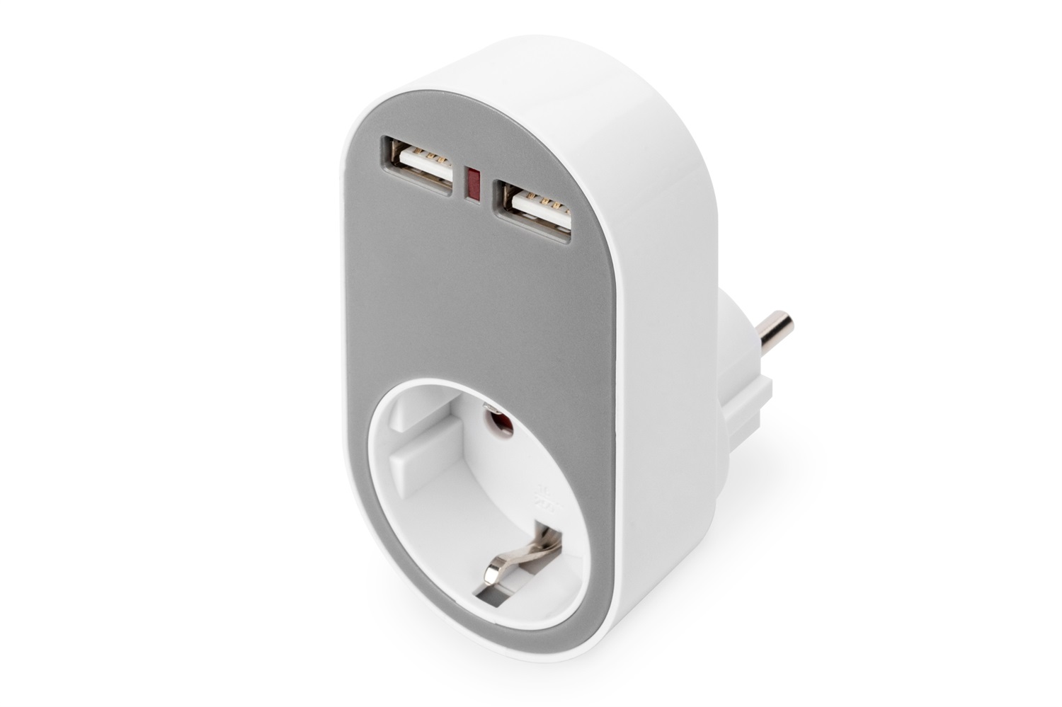 DIGITUS Caricabatterie a spina universale USB con 2 porte USB-A, presa integrata, ricarica simultanea e protezione bambini