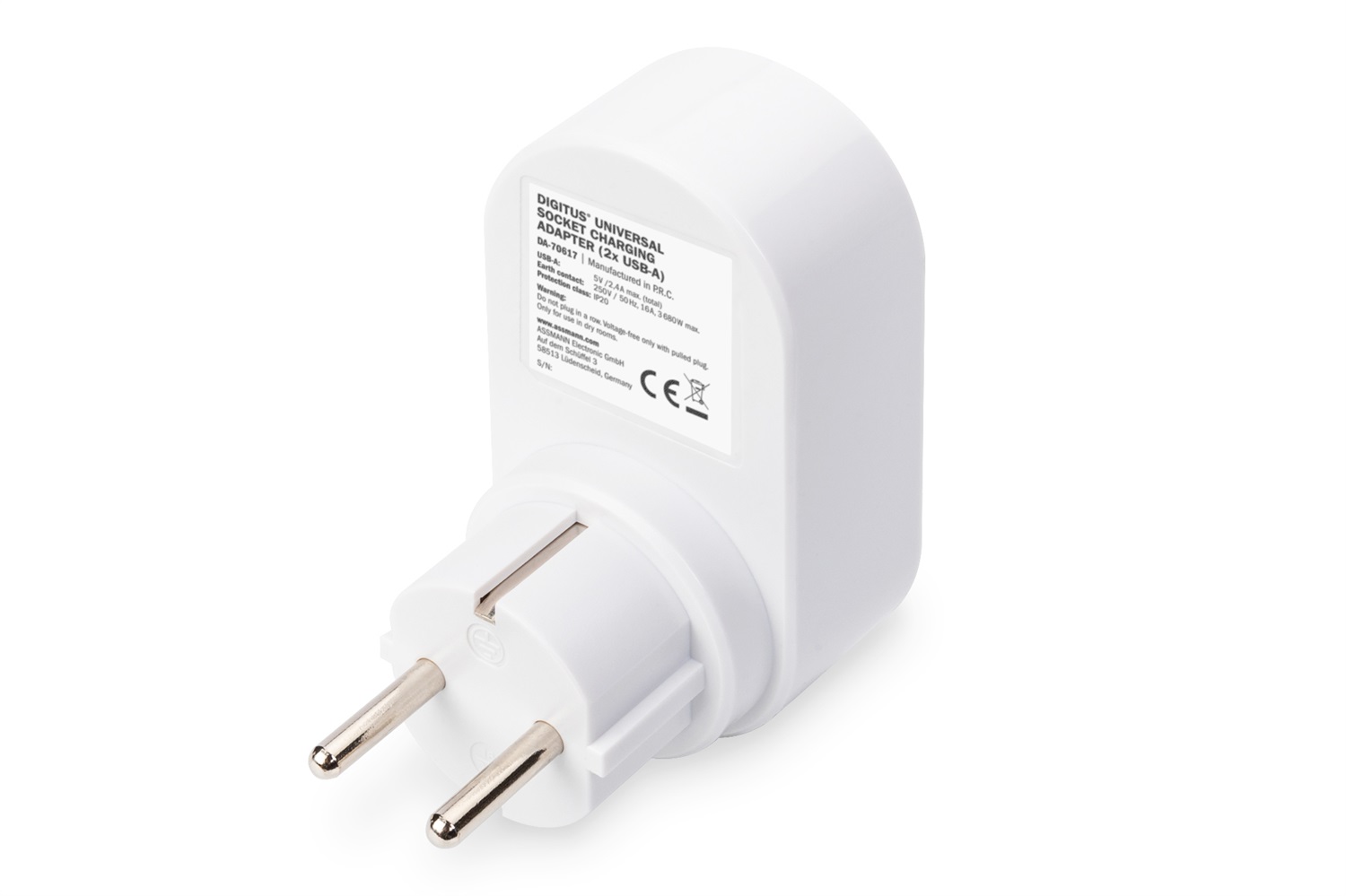 DIGITUS Caricabatterie a spina universale USB con 2 porte USB-A, presa integrata, ricarica simultanea e protezione bambini