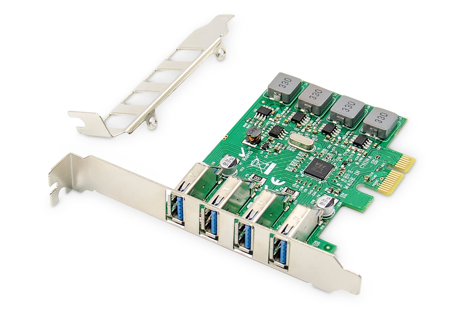 Digitus Scheda add-on PCI Express a 4 porte USB 3.0, SuperSpeed fino a 5 Gbps, Piena altezza/Basso profilo, Verde