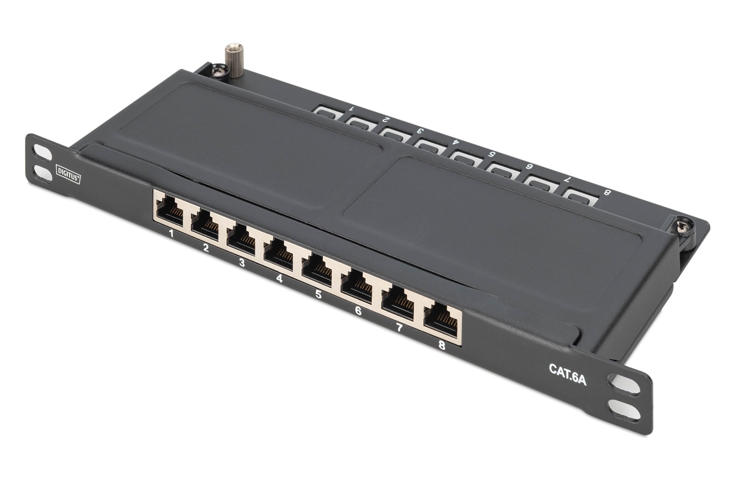 DIGITUS Pannello Patch Cat-6A, 8 Porte, Montaggio Rack 10 Pollici, 0,5U, Schermato, Prese RJ45-10GBase-T, Pannello di Distribuzione LSA, Nero