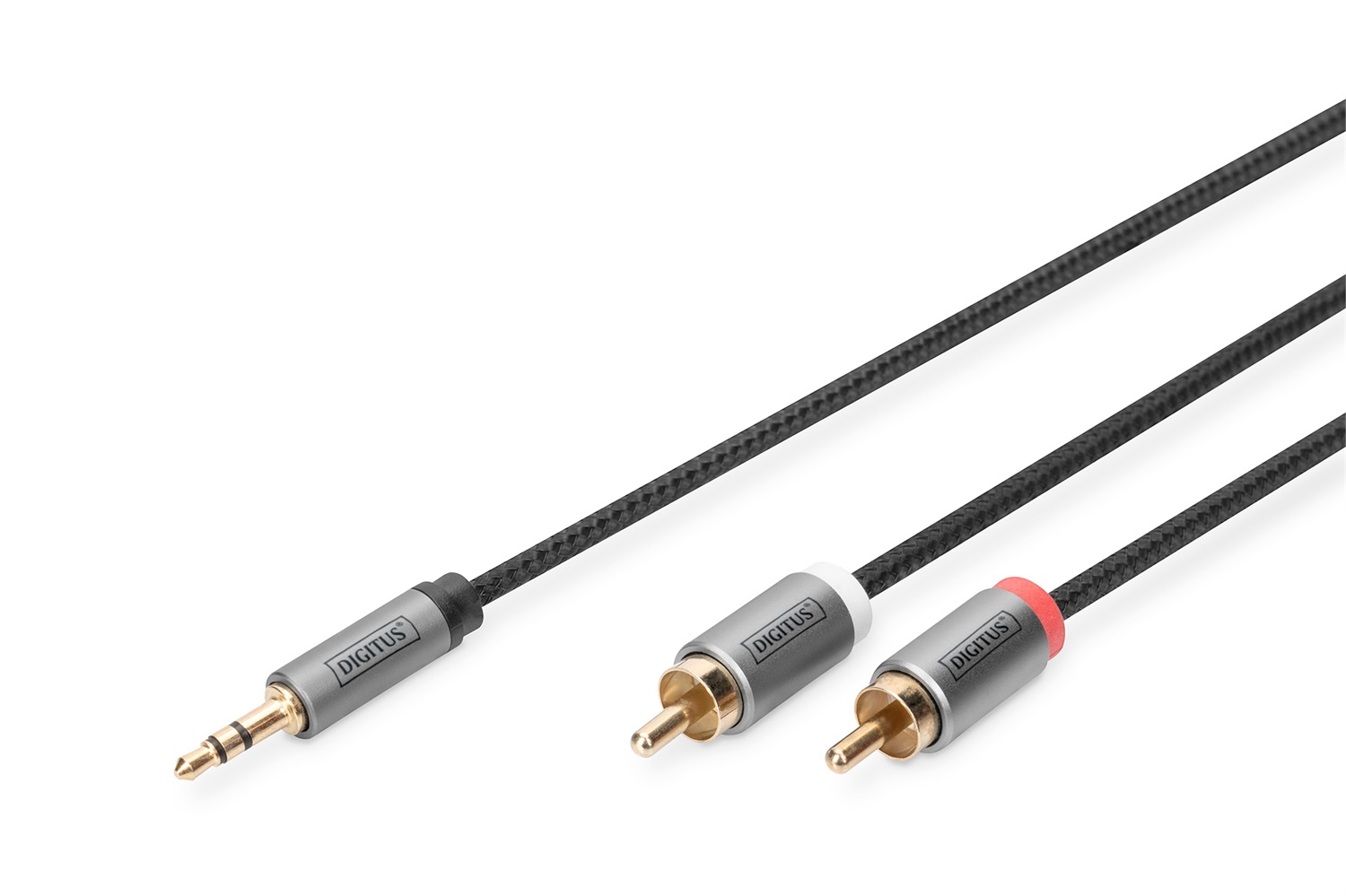 DIGITUS Adattatore Audio Jack 3,5 mm a 2xRCA - Cavo Aux Stereo Intrecciato 1 m Nero con Contatti Dorati per Impianti Stereo e Home Cinema