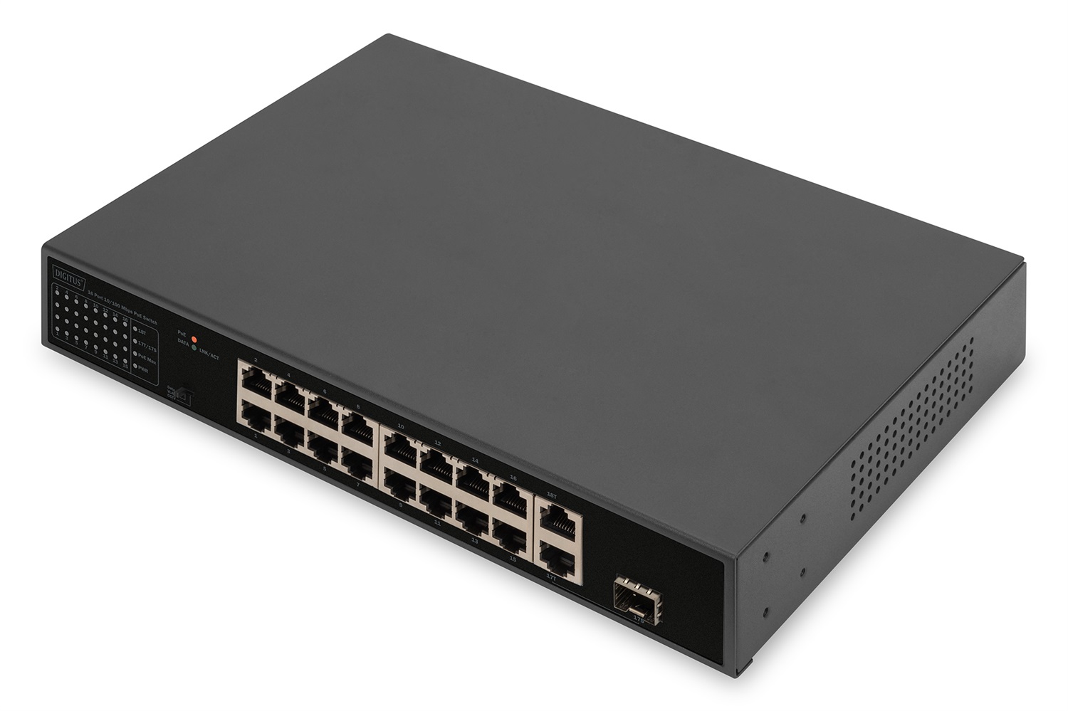 Digitus Switch PoE Fast Ethernet 16 Porte, 2 Uplink Gigabit (RJ45/SFP), 185W, 19 Pollici