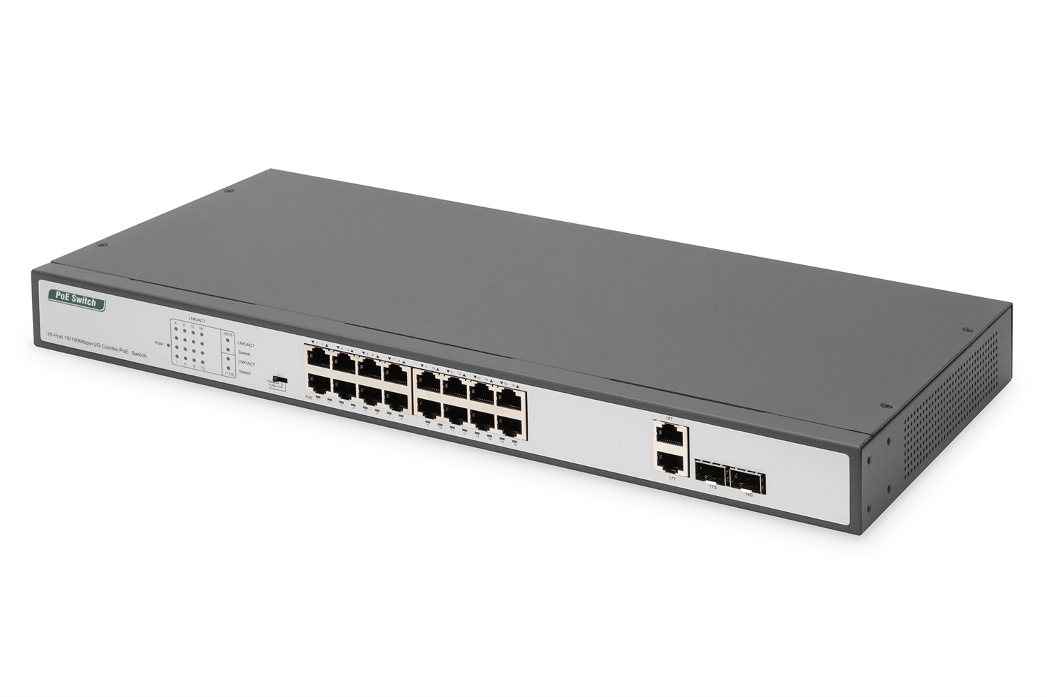 Digitus DN-95342-1 Switch di rete 16 Port Fast Ethernet PoE, 19 Inch, Unmanaged, 2 Uplinks