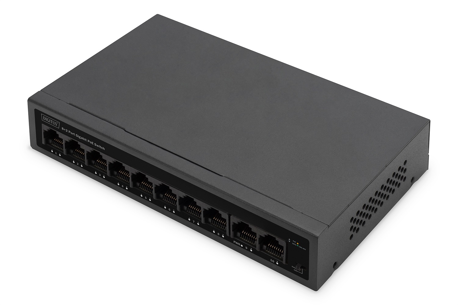 DIGITUS Switch di rete Gigabit Ethernet PoE a 10 porte - 8 porte RJ45 PoE 2 porte Uplink - Non gestito - 60W PoE Budget - Modalità CCTV