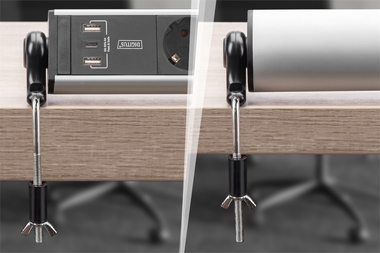 Digitus Presa Multipla Office a 6 Posti con 2 Porte USB-A e 1 Porta USB-C, Cavo da 1,5 m, Alluminio Nero/Argento