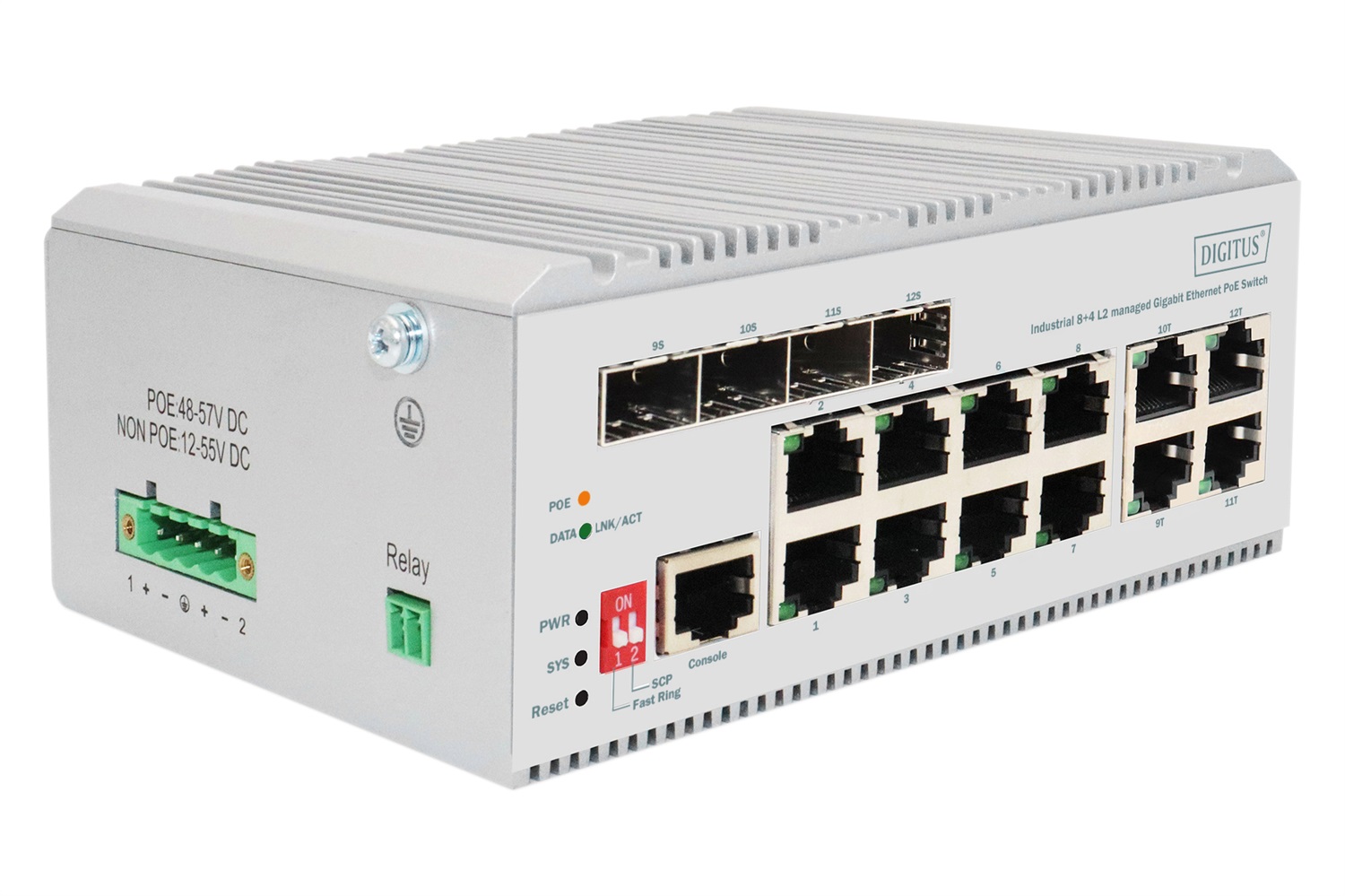 Digitus Switch PoE di rete Gigabit Ethernet a 8 porte, industriale, gestito L2, 4 Uplink SFP, Modello DN-651139