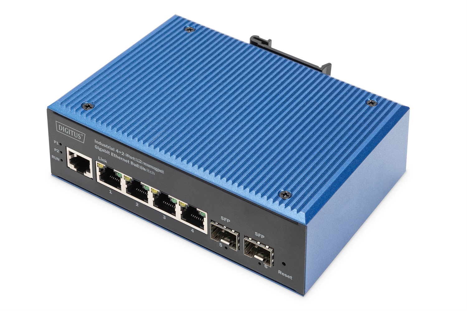 DIGITUS Switch Industriale 6 Porte Gigabit Ethernet PoE Gestito - 4x RJ45 2x SFP - IP40 - Montaggio su Guida DIN