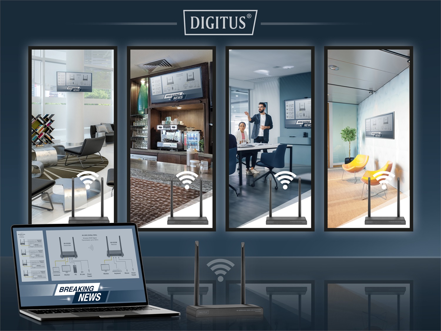 Digitus Estensore Wireless HDMI KVM 4K, 150 m - Trasmettitore e Ricevitore AV, Risoluzione UHD 3840 x 2160, Funzionalità KVM, HDMI 2.0