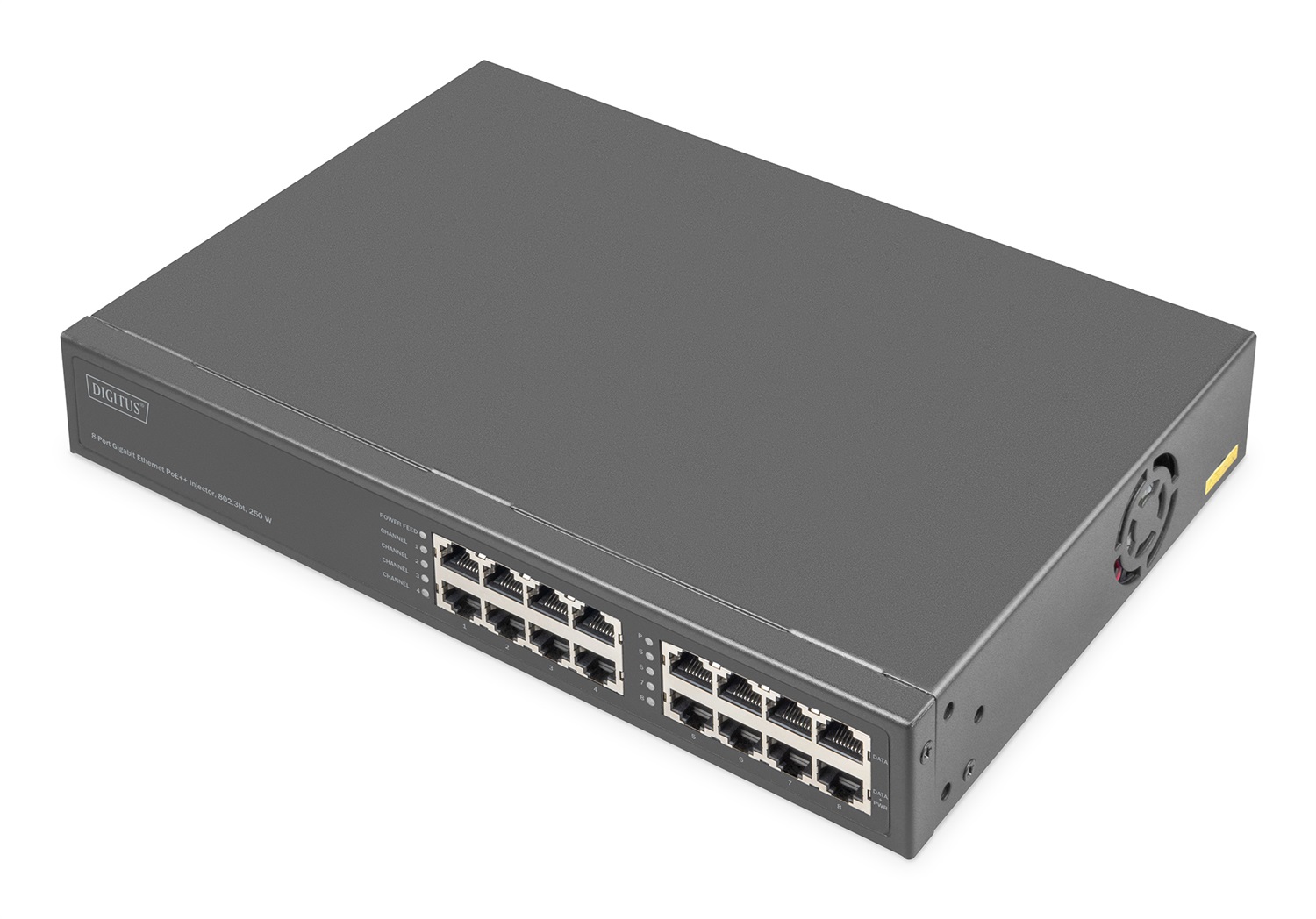 Digitus Iniettore Gigabit Ethernet PoE a 8 porte RJ45, 802.3bt, 250 W, 54VDC, Plug & Play, Nero