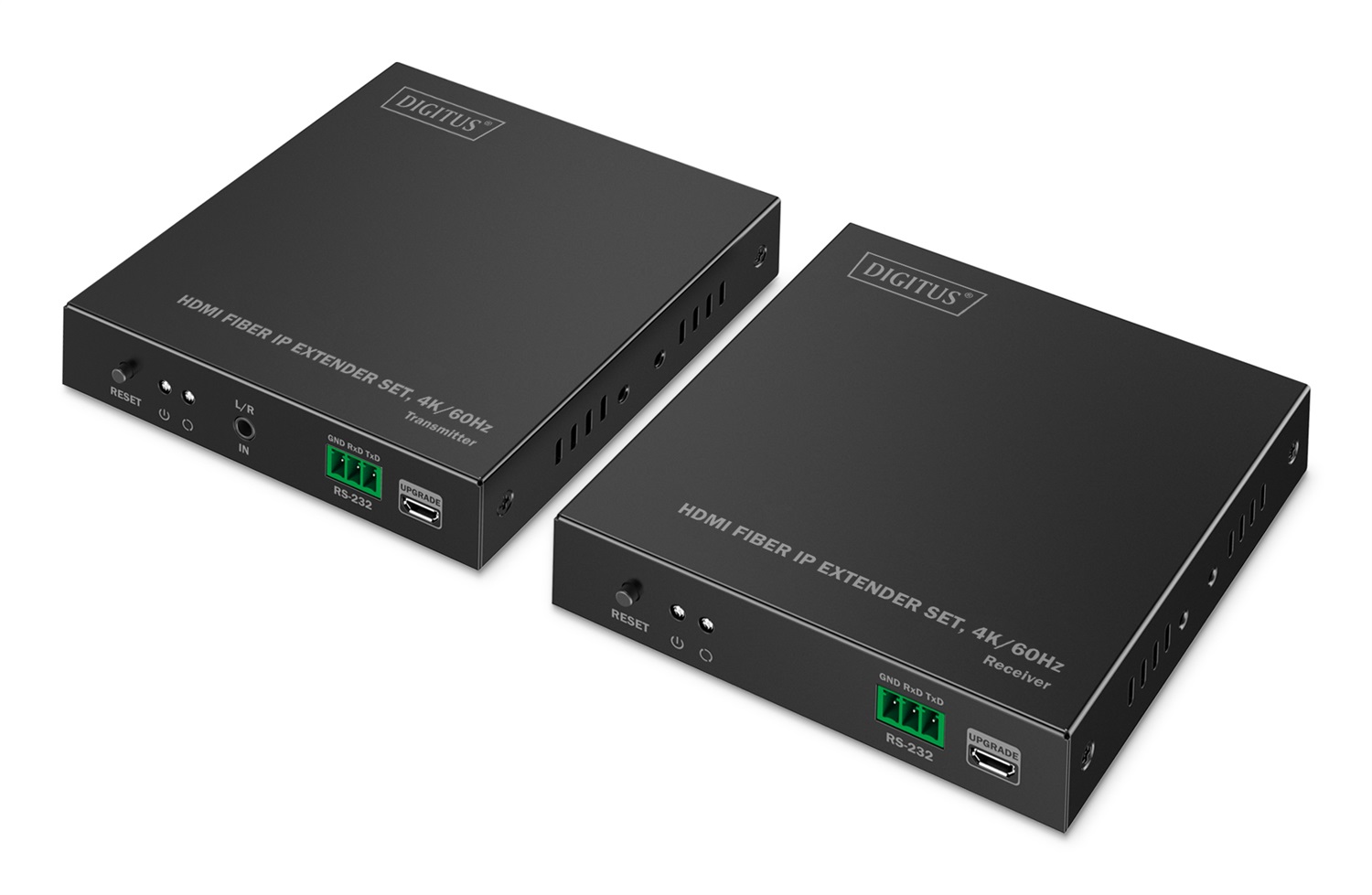 DIGITUS Set di estensione IP in fibra HDMI - UHD 4K 60Hz - HDMI 2.0 - Portata MM 300 m e SM 40 km - Trasmettitore e ricevitore - Punto a punto - Nero
