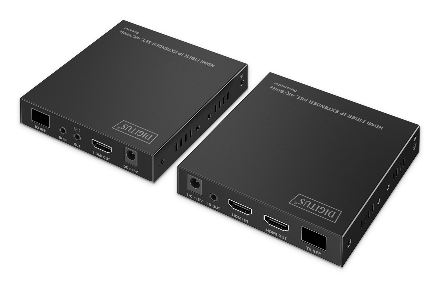 DIGITUS Set di estensione IP in fibra HDMI - UHD 4K 60Hz - HDMI 2.0 - Portata MM 300 m e SM 40 km - Trasmettitore e ricevitore - Punto a punto - Nero
