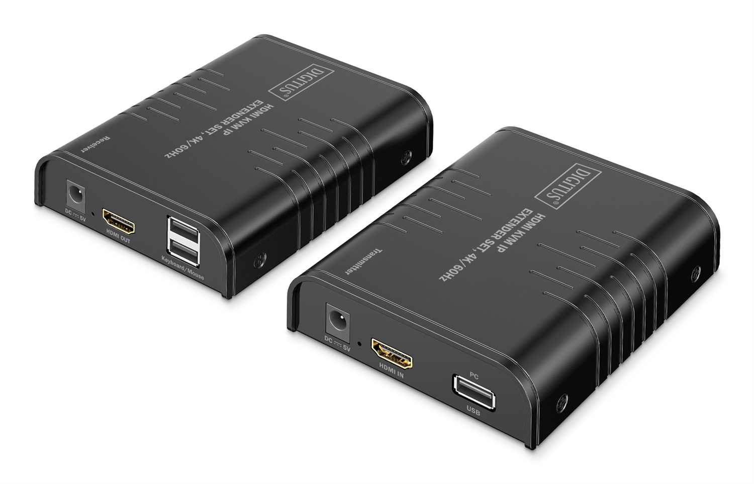 DIGITUS Set di Estensione HDMI KVM IP 4K/60Hz - Portata 40m, HDMI 2.0, Fino a 253 Ricevitori, 2x USB, CAT 6, Nero