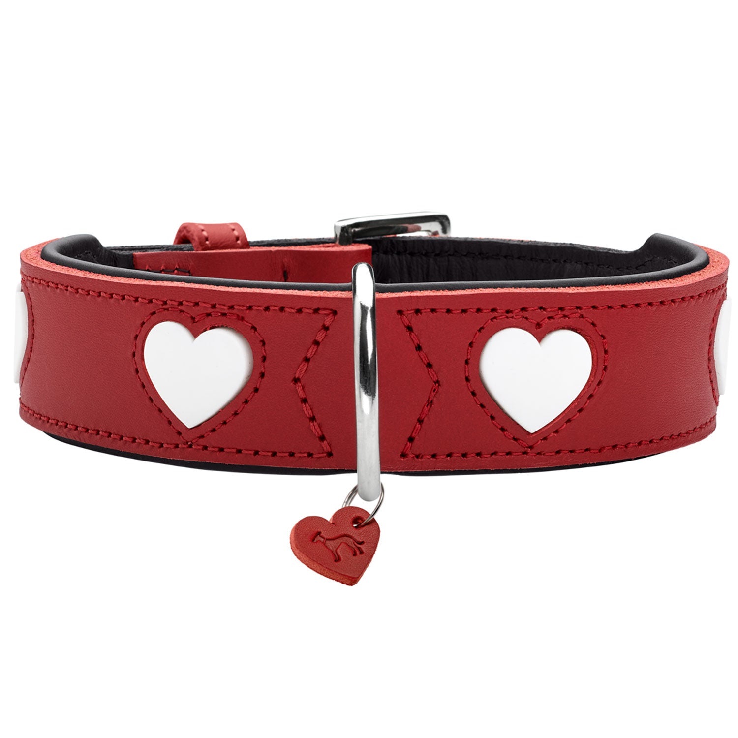 HUNTER Collare per cani Love, rosso/nero in morbida pelle bovina con cuori, realizzato a mano, taglia 55