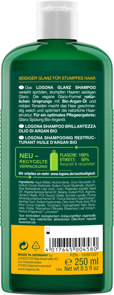 LOGONA Shampoo Lucido all'Olio di Argan Biologico 250 ml - Pulizia Delicata e Lucentezza Sana
