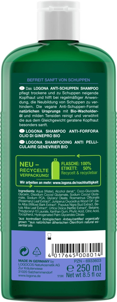 LOGONA Shampoo Anti-Forfora Bio con Olio di Ginepro, 250 ml - Formula Naturale e Vegana per Cuoio Capelluto Secco e Irritato