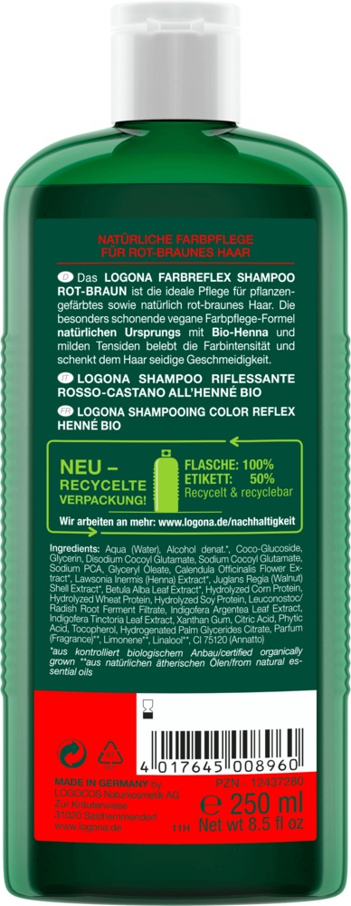 LOGONA Shampoo Henné Biologico 250 ml - Cosmetico Naturale Riflessante per Capelli Rossi-Castani
