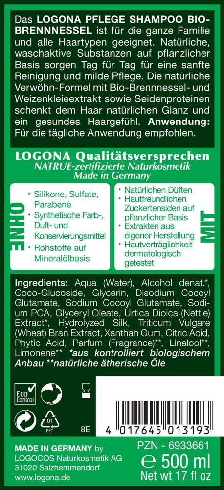 Logona Shampoo Bio all'Ortica 500 ml - Cura Delicata per Tutti i Tipi di Capelli