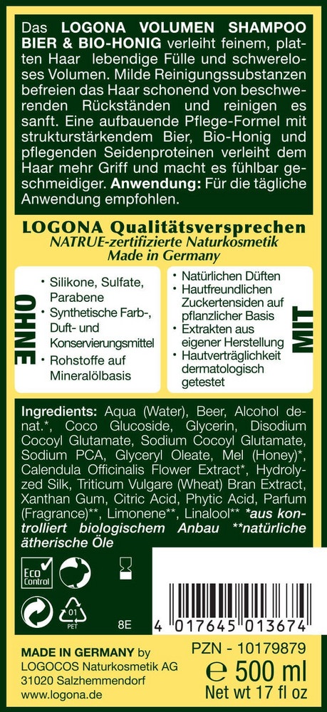 Logona Shampoo Naturale per Capelli Fini e Sensibili con Birra e Miele Biologico - 500 ml