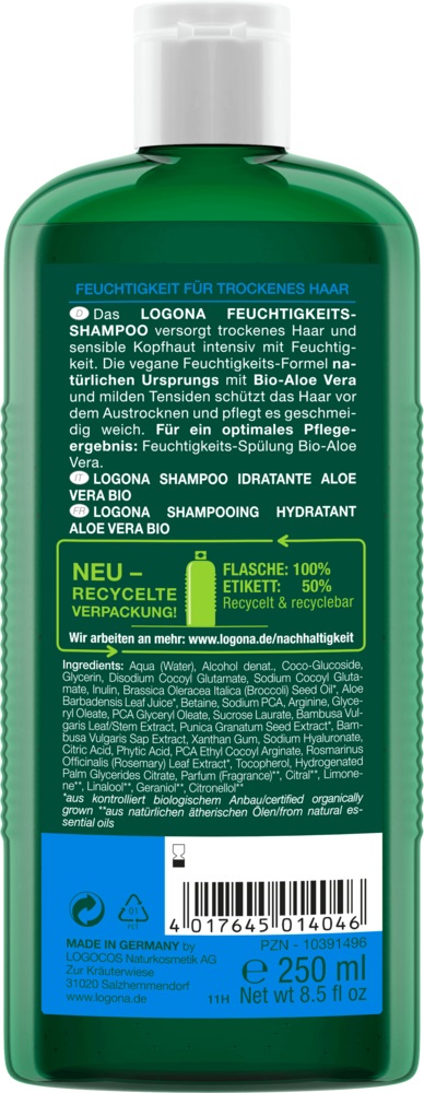 Logona Shampoo Idratante Bio all'Aloe Vera 250 ml - Ideale per Capelli Secchi