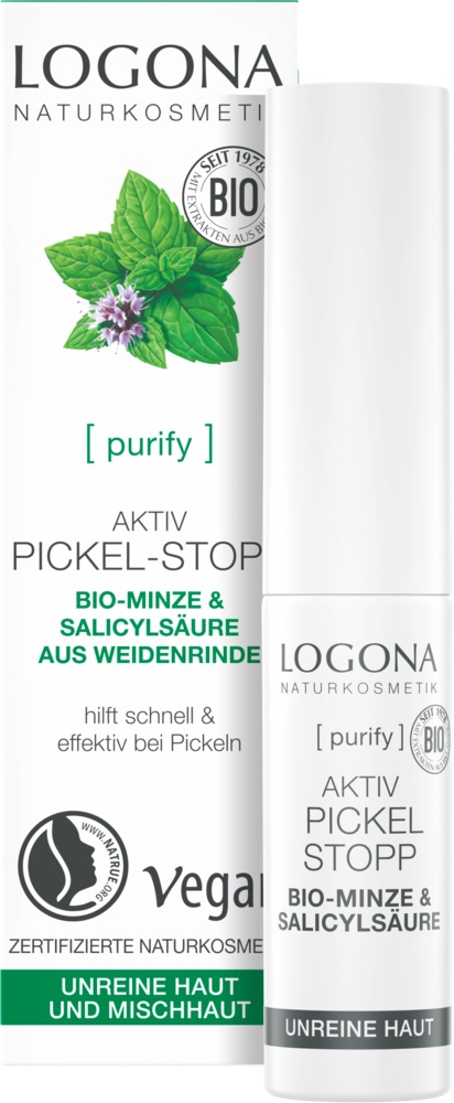 LOGONA Ferma-brufoli biologici attivi per pelli impure e miste, con menta biologica e acido salicilico da corteccia di salice, 6 ml