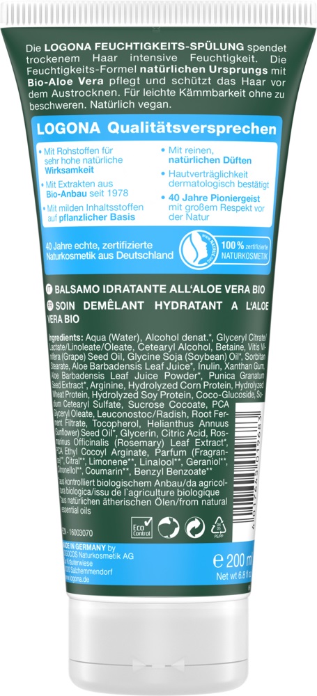 Logona Balsamo Idratante all'Aloe Vera - 200 ml, per Capelli Secchi, Vegano e Senza Silicone