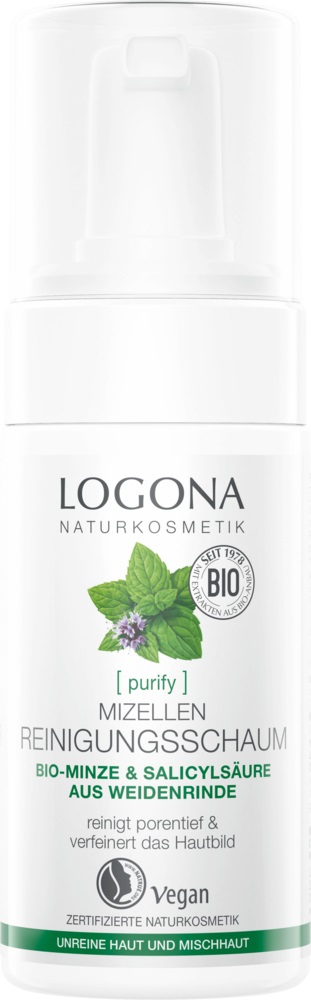 LOGONA Schiuma Detergente Bio Mizelle per Pelle Impura e Mista con Menta Biologica e Acido Salicilico, 100 ml