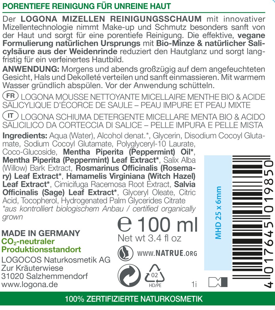 LOGONA Schiuma Detergente Bio Mizelle per Pelle Impura e Mista con Menta Biologica e Acido Salicilico, 100 ml