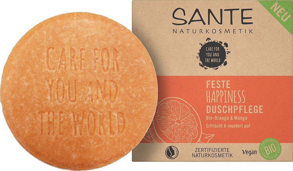 SANTE Naturkosmetik Sapone Solido Doccia Happiness 80 g - Formula Vegana con Arancio e Mango Biologici