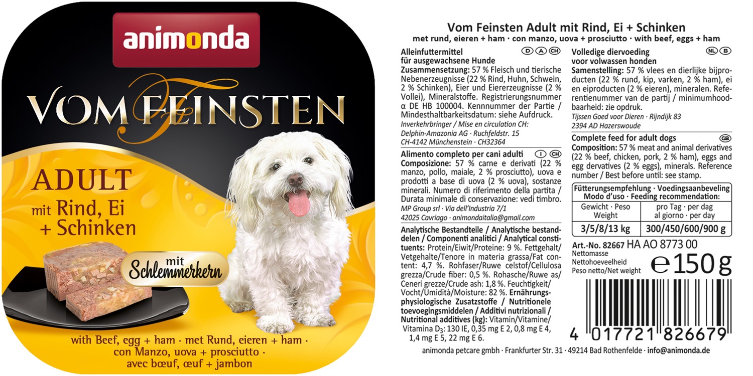 Animonda Vom Feinsten Adult 150 g - Cibo umido gourmet con manzo, uova e prosciutto per cani adulti