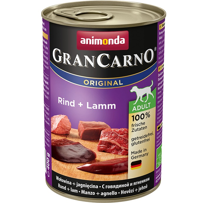 Animonda GranCarno Original Alimento Umido per Cani Adulti - Manzo e Agnello 400 g Senza Cereali