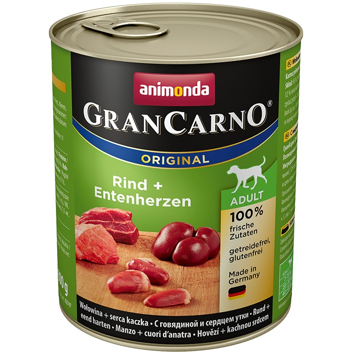 Animonda GranCarno Original Cibo Umido per Cani Adulto Manzo e Cuori di Anatra 800 g