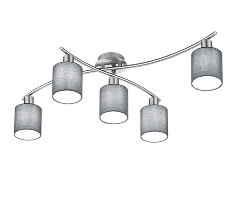 Trio Lighting Garda Plafoniera 5 Diffusori in Tessuto Grigio e Nichel Opaco, E14, 75 cm